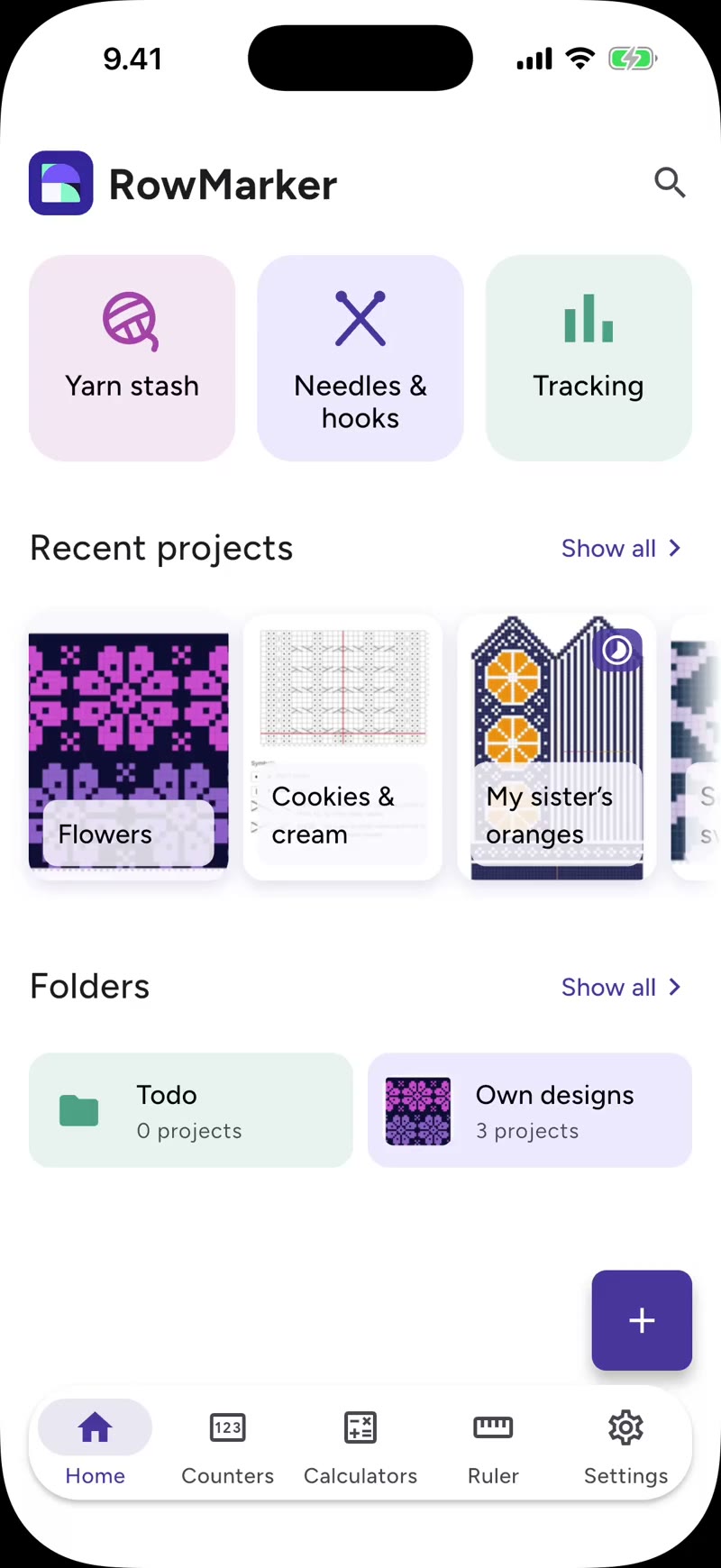Swiping through recent projects on the RowMarker home screen and opening the full project list.