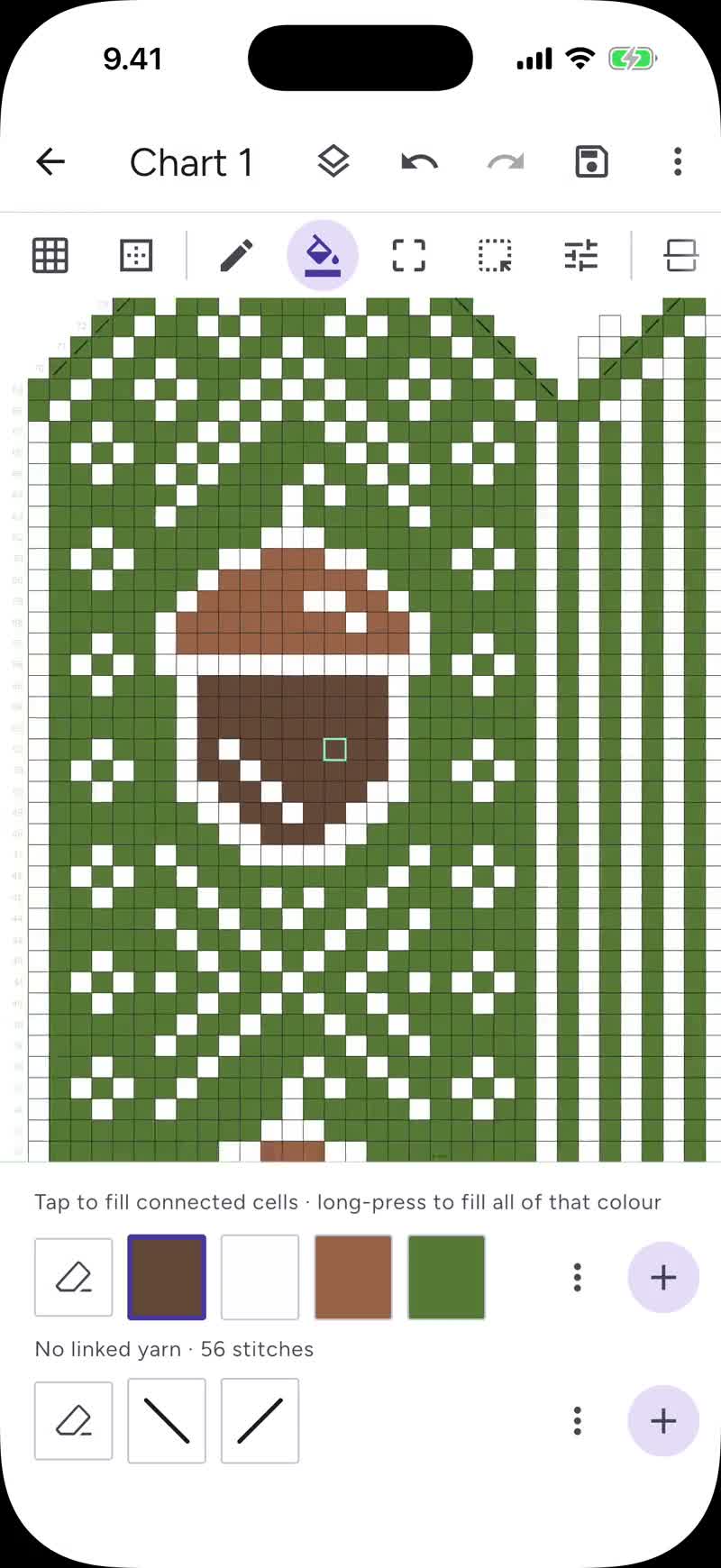 The chart editor recolors an acorn mitten chart with a custom color.