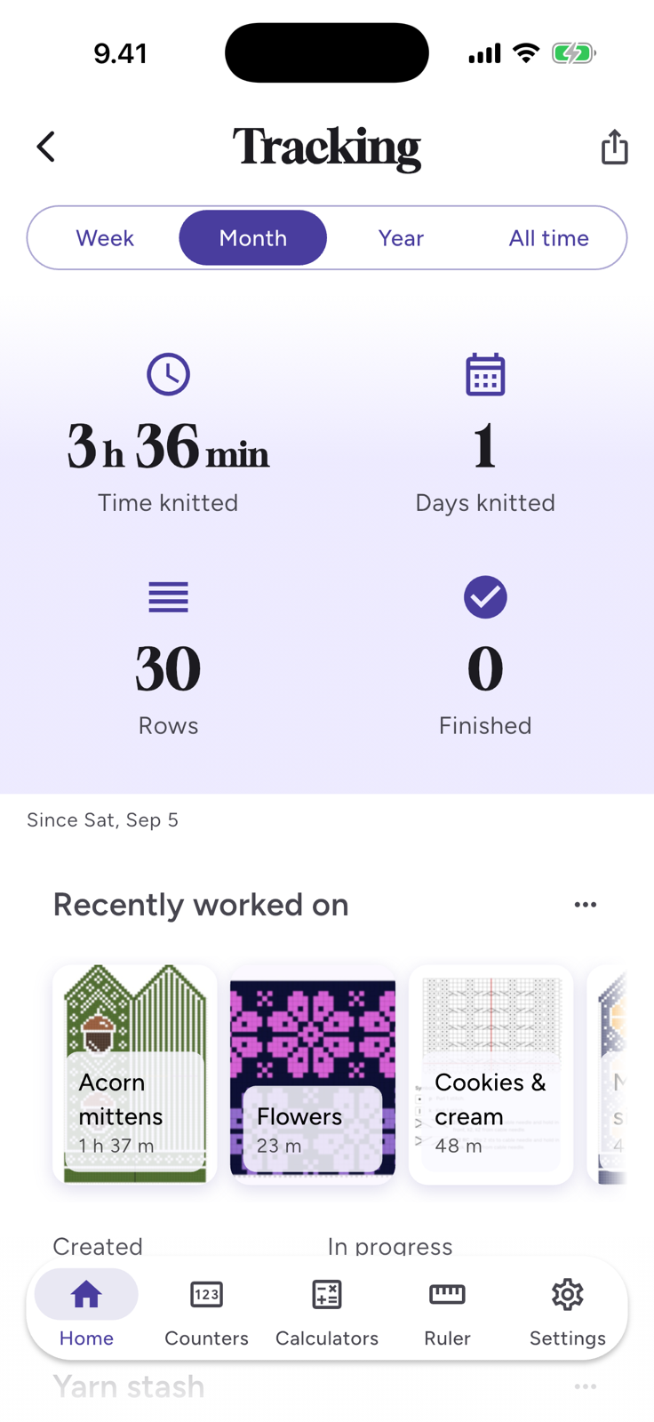 The tracking screen with time worked, days, rows and recently worked projects.