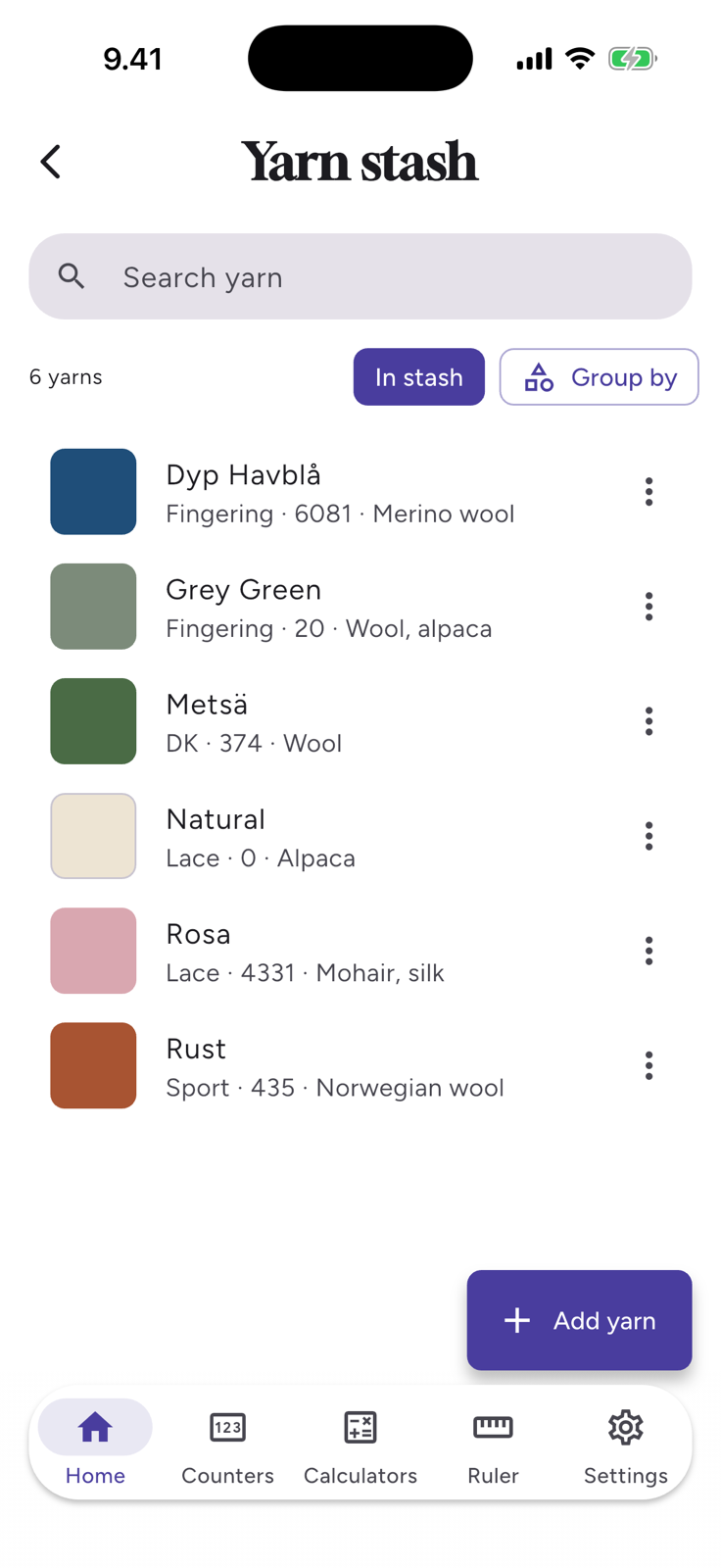 The yarn stash listing six yarns with color swatches.
